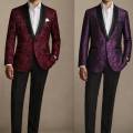Men's Burgundy & Purple Paisley Print Suit Blazer Elegant Satin Lapel Wedding Party Jacket. 