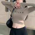 The destination of the new autumn women's o-neck long-sleeved Korean-style sexy crop top. 