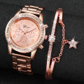 2PCS Women's Watch Fashion Rhinestone Rose Gold Steel Band Analog Quartz Watches Bracelet Set. 