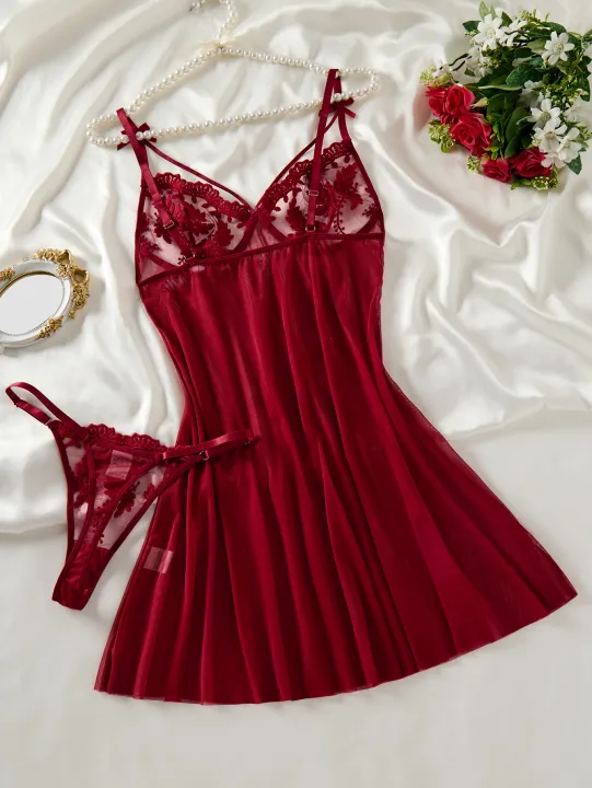Wine%20Red%20Ladies'%20Countryside%20Style%20Wheat%20Ear%20Embroidery%20Semi%20Transparent%20Nightgown,%20Elegant%20and%20Comfortable,%20Bow%20Design%20ZA825066%20-%20Image%203