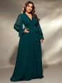 Mgiacy plus size V-neck irregular cross folding wood ear lace chiffon long sleeve dress Evening gown Ball dress Party dress.