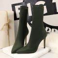 Women 7.5cm 10cm High Heels Silk Sock Boots Green Low Heels Short Ankle Boots Lady Stripper Winter Pointed Toe Satin  Shoes. 