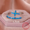 Classic Cross Blue Fire Opal Opening Rings For Women Real 925 Sterling Silver Wedding Band Jewelry. 