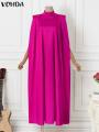 Plus Size 5XL VONDA Women Stand Collar Elegant Satin Dress Long Bat Sleeve Evening Pleated Maxi Sundress Casual Solid Party Robe. 