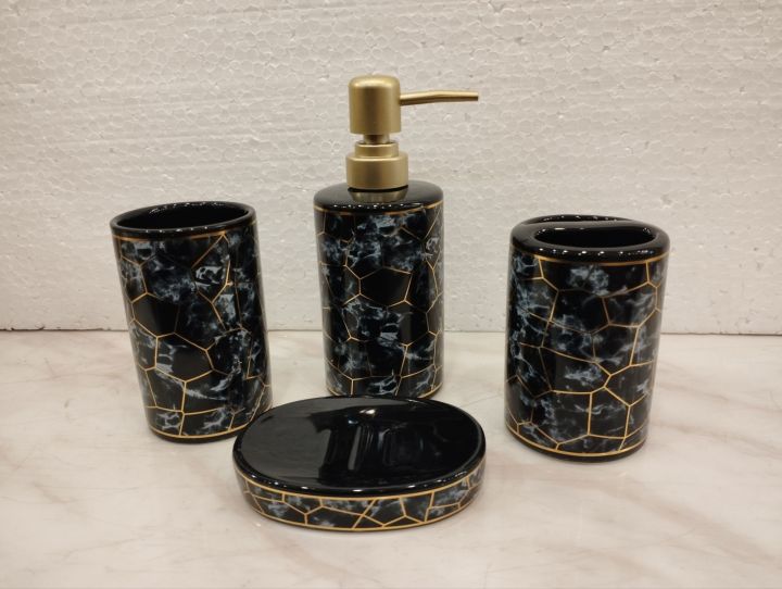4 Pcs - Ceramic Bathroom Accessories Set with Soap Holder, Toothbrush Holder, Soap Dish- White Black Color