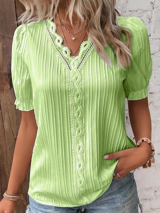 Plus%20Size%20Women's%20Shirt%20Blouse%20Yellow-green%20Violets%20White%20Plain%20Lace%20Short%20Sleeve%20Casual%20Basic%20V%20Neck%20Regular%20Pullover%20White%20Blo%20-%20Image%204