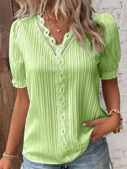 Plus%20Size%20Women's%20Shirt%20Blouse%20Yellow-green%20Violets%20White%20Plain%20Lace%20Short%20Sleeve%20Casual%20Basic%20V%20Neck%20Regular%20Pullover%20White%20Blo%20-%20Image%204