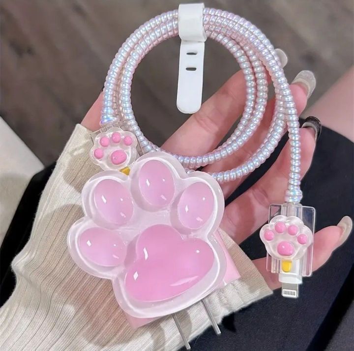 Cute Pink Cat Paw Charger Protractor Cover for iphone X to 15 pro max