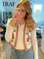 TRAF Women Summer Elegant Floral Embroidery Vest V Neck Cardigan Short Waistcoat Woman Casual Loose Tops Fashion Streetwear. 