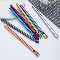 5pcs Metal Stainless Steel Straw Reusable Pearl Milkshake Bubble Tea Straws with Brush Stirring Smoothie Spoon Shaped Straw Set. 