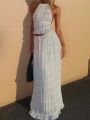 Fashion Halter Neck Long Skirt Suit Women Backless Sling Top Lace Up Fold Maxi Skirts 2024 New Summer Female 2 Piece Set Outfits. 