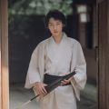Summer Navy Japanese Traditional Samurai Kimono For Men Yukata Bathing Robe Hekoobi Loose Style Homewear Belt Long Gown Cotton.