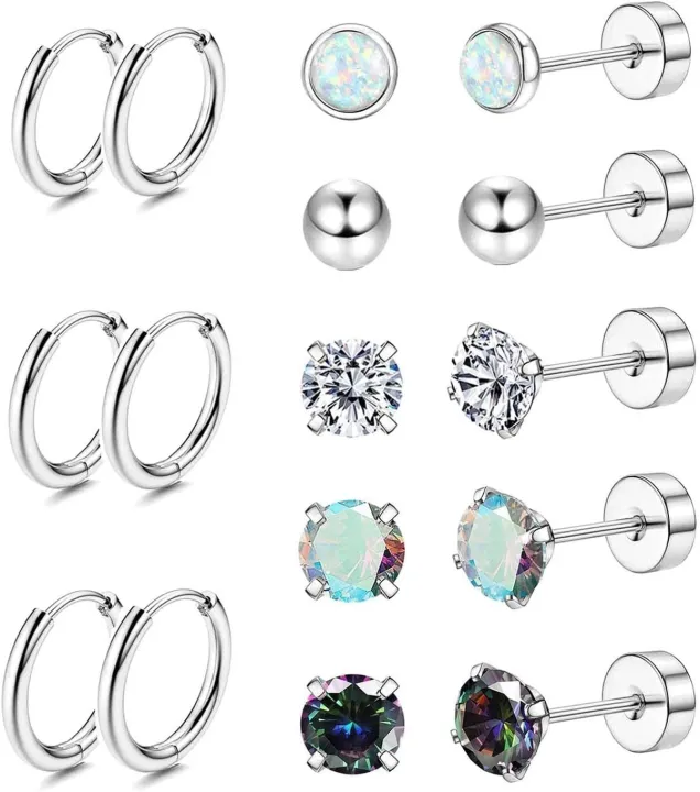 Hypoallergenic%2018G%20Stainless%20Steel%20Stud%20Hoop%20Earrings%20Set%20for%20Women%20Men%20CZ%20Flat%20Back%20Earrings%20Cartilage%20Earrings%20Hoop%20Stud%20-%20Image%203