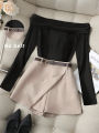 Women's Burgundy Off-Shoulder Long Sleeve Top & Black Skort Set, Elegant Boss Lady Style Slimming Two-Piece Outfit. 