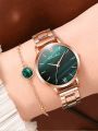 2PCs Women's Fashion Trend Retro Contrast Color Steel Band Quartz Watch+Bracelet Combination Set. 