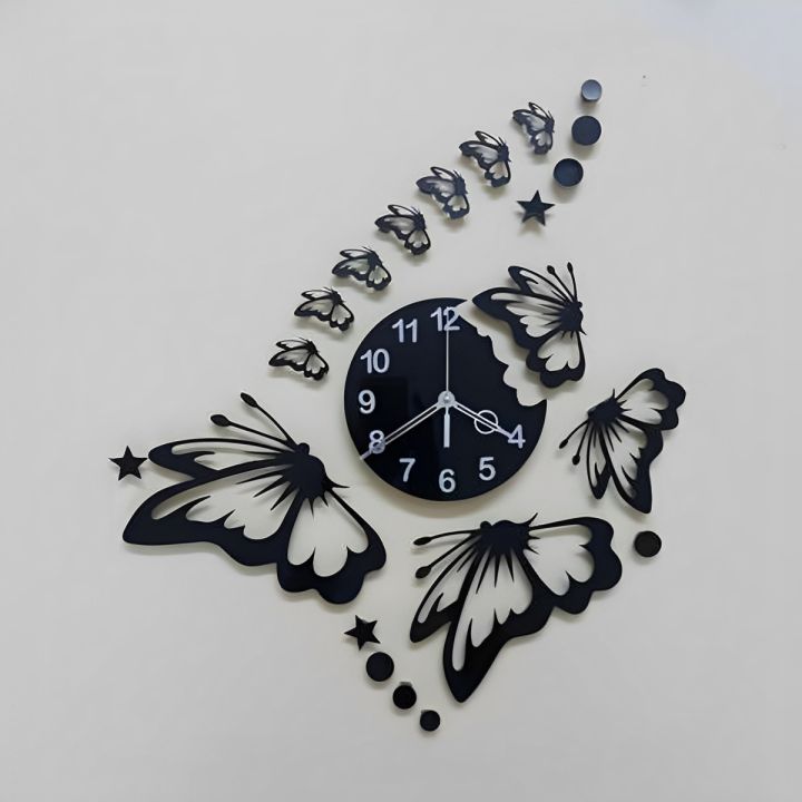 Stars and Butterflies Wooden Wall Clock with Small Stars and Circle Butterfly Design for Home Decor