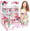 4--Storey Big Doll House Villa with 4 Dolls Children's Family DIY Accessories Assembly Dream Castle Toy Girl Gift. 