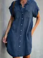 Women Denim Shirt Dresses Short Sleeve Distressed Jean Dress Button Down Casual Tunic Top. 