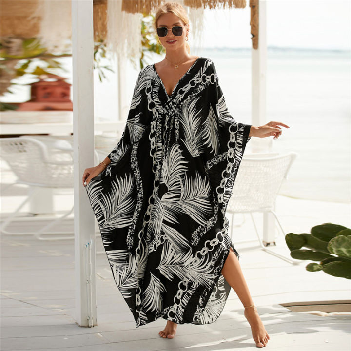 Women's%20Plus%20Size%20Animal%20Print%20V-Neck%20Batwing%20Kaftan%20Beach%20Dress%20Bathing%20Suit%20Cover-Up%20Loungewear%20-%20Image%202