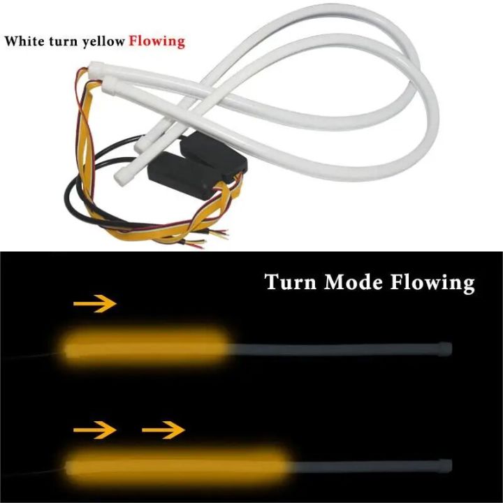 2PCS 30CM 45CM 60CM DRL Flowing Flexible LED White Turn Yellow Car Daytime Running Lights Turn Signal Angel Eyes Running LED 12V