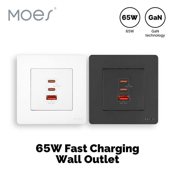 MOES Star Ring Series 65W Fast Charging Wall Outlet PD3.0 Electrical Charger GaN Socket 3 Ports Type-C USB A OverTemp Protection