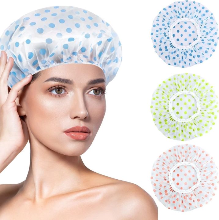 1/3PCS Women Shower Cap Fashion Wave Point Shower Hat Waterproof Elastic Reusable Bath Hat Hair Salon Spa Bathroom Supplies