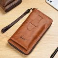 Vintage Solid Color Men's Cell Phone Bag and Wallet - Long PU Leather Wallet with Coin Bag and Money Clip. 