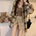 Tops Women Sheer Chiffon Plaid Shirt Long Sleeve Button Up Collared Oversize Checked Shirts and Blouse Summer Casual Outfit.