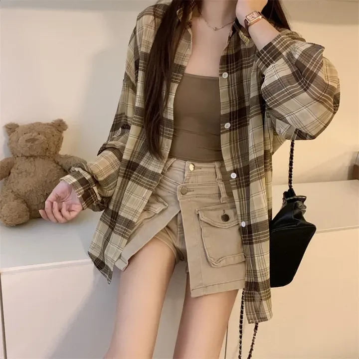 Tops%20Women%20Sheer%20Chiffon%20Plaid%20Shirt%20Long%20Sleeve%20Button%20Up%20Collared%20Oversize%20Checked%20Shirts%20and%20Blouse%20Summer%20Casual%20Outfit%20-%20Image%205