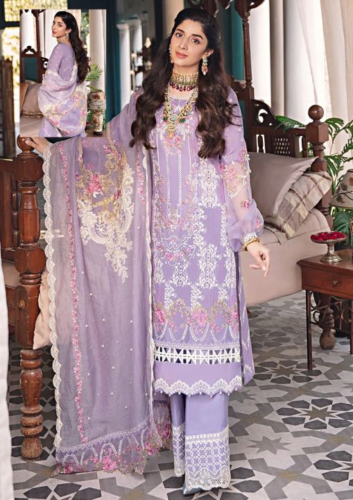 Full Lawn Suit “Elaf” with Heavy Embroidery and Cut Work. Lawn fully heavy embroidered scifflie & multi thread embroidered centre panel with fully heavy embroidered scifflie multi  threat embroidered left & right panel. Cotton net fully heavy embroidered