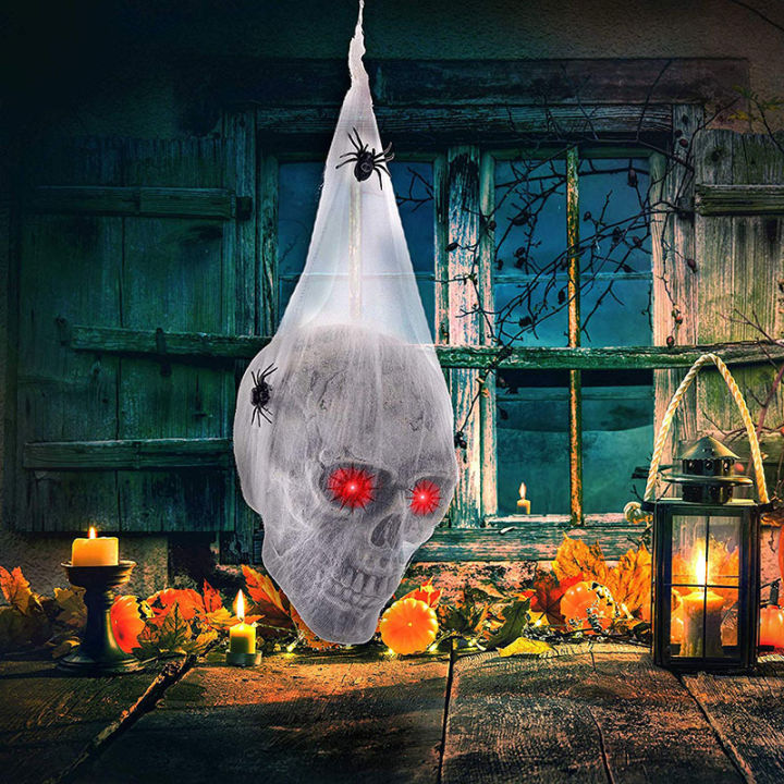 Motion Sensor Halloween Decoration Spooky Halloween Haunted House Decor Voice-activated Skeleton Skull With Led Eyes Fake Spider