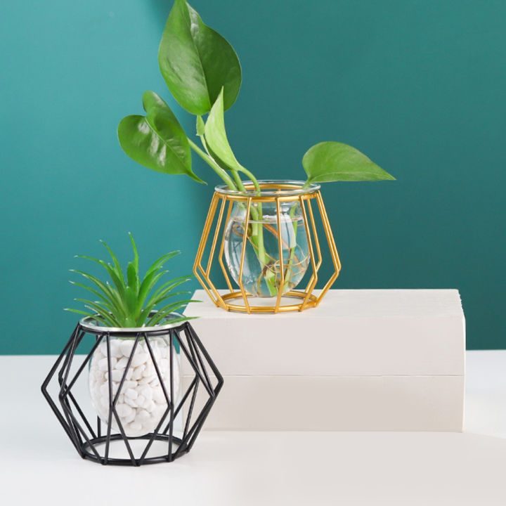 Plant Holder Vase Metal Terrarium Geometric Nordic Golden Glass Vase Iron Line Vase Hydroponic Plant Flower Home Decor Modern