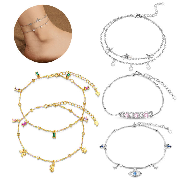 Exquisite 925 Sterling Silver Star-Shaped Zircon Sugar Heart-Shaped Devil's Eye Anklet Women's Exquisite Jewelry