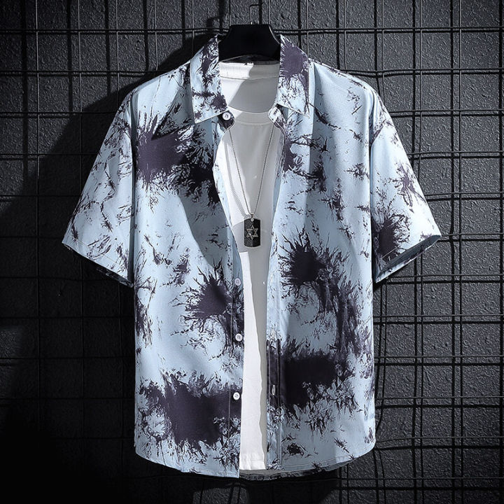 Summer thin short sleeve shirt new style square collar Harajuku simple medium sleeve ins 5-sleeve Shirt Youth trend printing popular Japanese men's loose Korean Fashion Top polo shirt