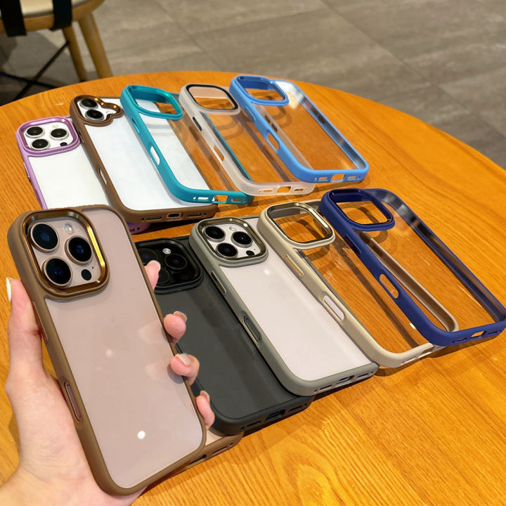 High Quality Metal Camera Frame Transparent Back Cell Phone Case for iPhone 16 Pro Max Clear Hot Bronzing Ultra Thin Slim Cover
