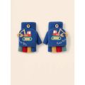 1 Pair Kids Boys Girls Cartoon Excavator Half Finger Flip Cover Winter Warm Gloves, Toddler Outdoor Knitted Cold-Proof Mittens. 