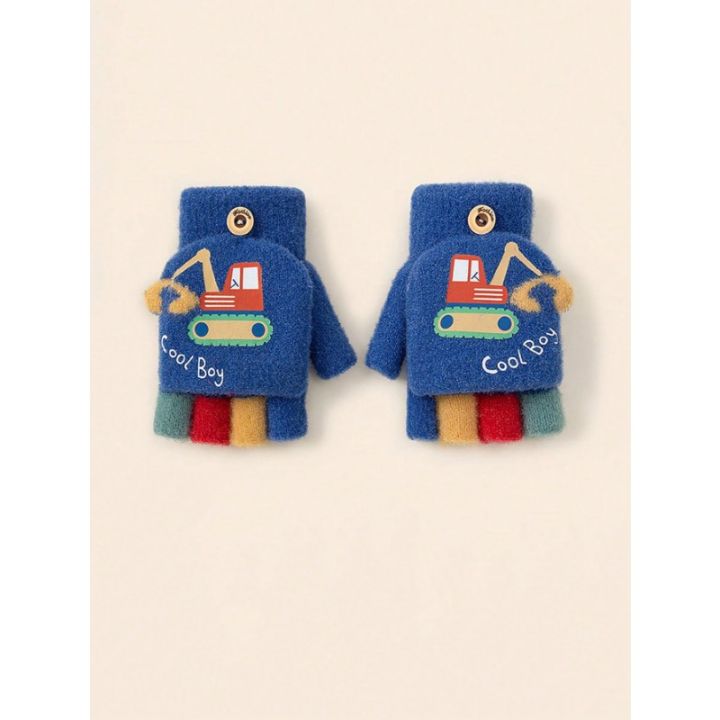 1%20Pair%20Kids%20Boys%20Girls%20Cartoon%20Excavator%20Half%20Finger%20Flip%20Cover%20Winter%20Warm%20Gloves,%20Toddler%20Outdoor%20Knitted%20Cold-Proof%20Mittens%20-%20Image%203