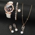 4pcs/set Women's Shiny Rhinestone Quartz Watch Analog PU Leather Wrist Watch  Faux Pearl Jewelry Set Girls Gift（Without Box）. 