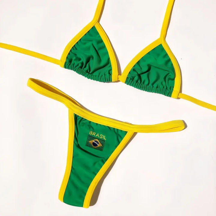 Embroidery Brasil Flag Contrast Split Bikini Set Women Swimwear Patchwork Swimsuit Hottie Outfit SummerBeachwear