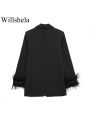 Willshela Women Fashion Satin Black With Feather Blazer Jacket Vintage Notched Neck Single Button Long Sleeves Female Outfits.