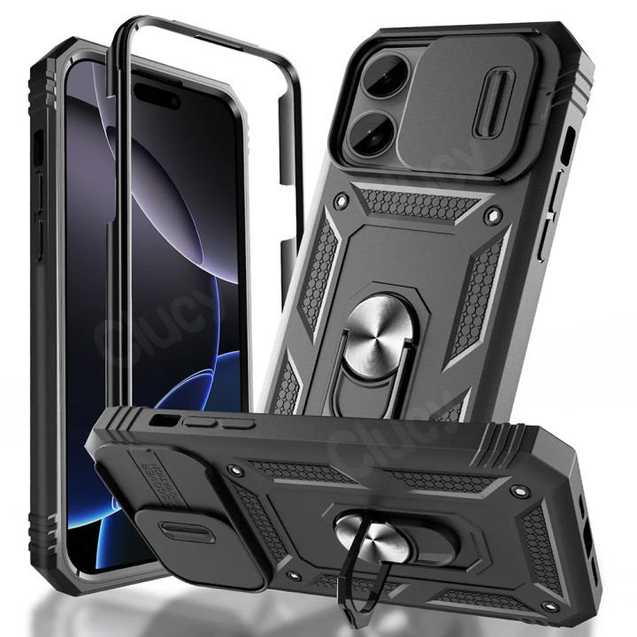 Case For iPhone 16 15 14 Pro Max 13 12 11 Pro Plus 360 Full Body Rugged Protective Slide Camera Stand Protection Ring Cover