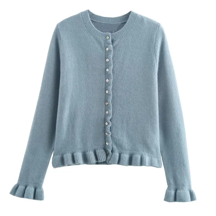 HXAO%20Sweater%20Cardigans%20Ruffle%20Long%20Sleeve%20Knitted%20Cardigan%20For%20Women%20Autumn%20Bolero%20Knitwears%20Button-Down%20Bluey%20Gray%20Cardigan%20-%20Image%202