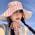 Double-sided Plaid Wide-edged Lace-up Bucket Hat Summer Outdoor Versatile Sunscreen Sweet Contrasting Color Plaid Women's Caps. 