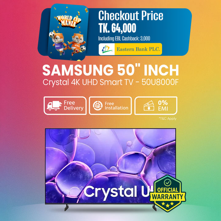 New Model Samsung Official 50 Inch Crystal 4K UHD Smart TV (50U8000F) model 2025