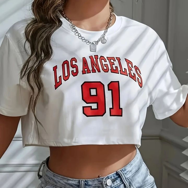 Los%20Angeles%20Number%2091%20Graphic%20Round%20Neck%20Sports%20Crop%20T-shirt%20Crew%20Neck%20Casual%20Running%20Workout%20Crop%20Top%20Women's%20Activewear%20-%20Image%206