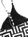Women's Beach Summer Geometric Print Three-Piece Swimsuit Set with Long Sleeve Beach Cover-Up, Polyester Knit Fabric with Elasta.