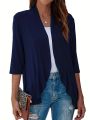 Plus Size V-neck Loose Pleated Cardigans Casual Frill Solid 3/4 Sleeve Spring Summer Fall Cardigan Plus Size Women's Clothing. 