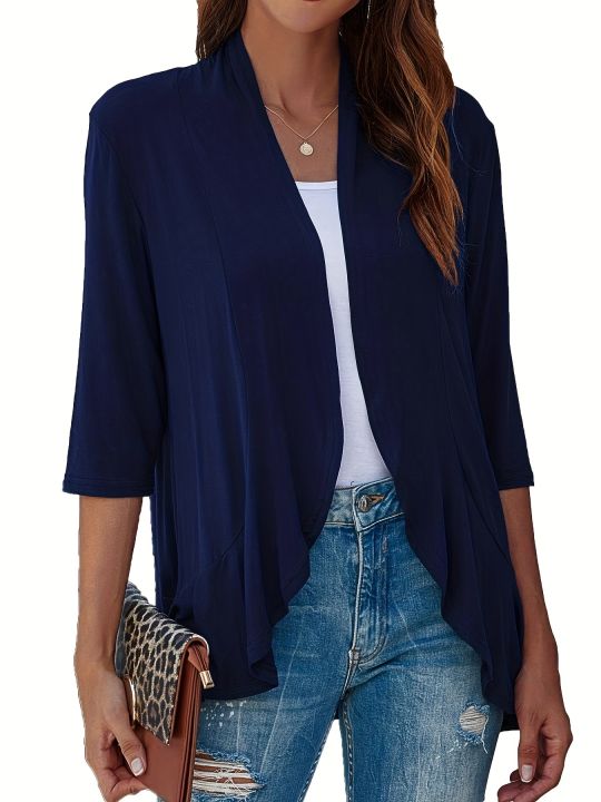 Plus Size V-neck Loose Pleated Cardigans Casual Frill Solid 3/4 Sleeve Spring Summer Fall Cardigan Plus Size Women's Clothing