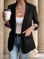 2025 Women's Slim Fit Casual Button Blazer European Style Roll Up 7-Pt Sleeve Trendy Suit Jacket. 