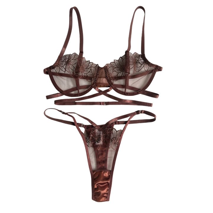 High-End Floral Embroidered Underwire Bra Set, Women's Mesh Unlined Bra + Panties